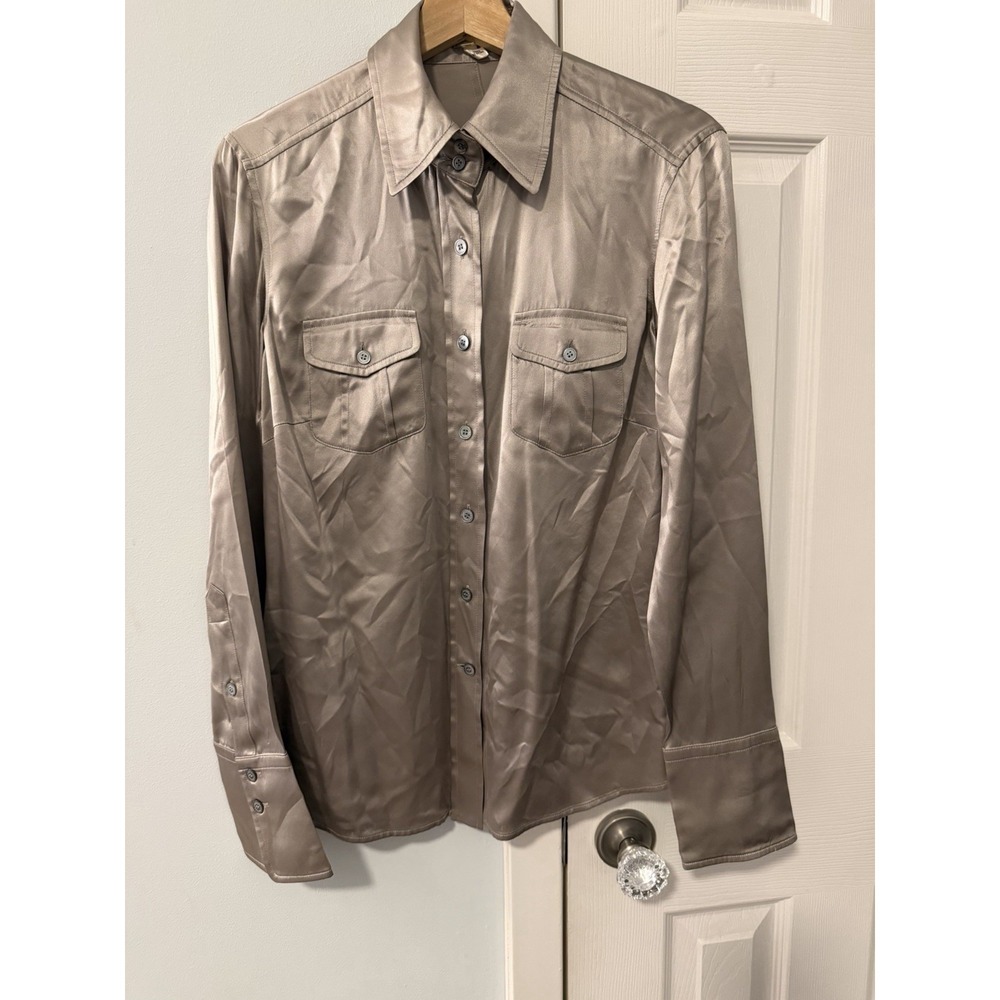 Escada 100% Silk Button Up Shirt Blouse Women's Size 38 US M Metallic Corporate
